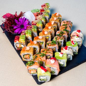 Sushi set gunkan, nigiri and rolls close up