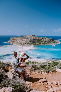 Balos Beach Cret Greece, Balos beach is on of the most beautiful beaches in Greece at the Greek Island couple visit the beach during vacation holiday in Greece