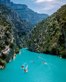 view to the cliffy rocks of Verdon Gorge at lake of Sainte Croix, Provence, France, near Moustiers SainteMarie, department Alpes de Haute Provence, region Provence Alpes Cote Azur. France June 2020