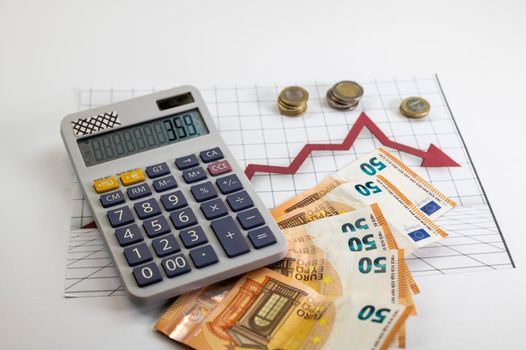 euro coins and banknotes with calculator and statics as background