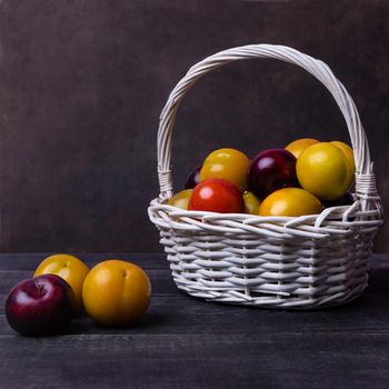 Colorful plums fruit in basket on the black background isolated