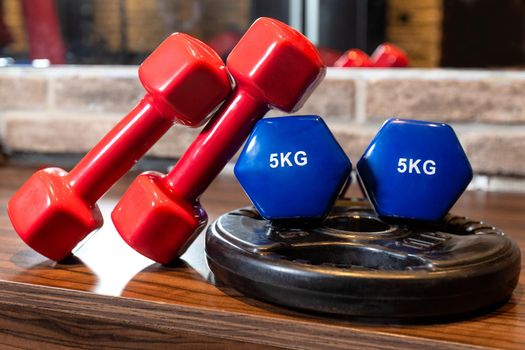 Red and blue dumbbell close up