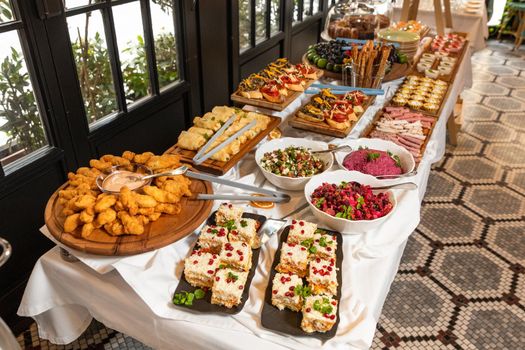 Tasty breakfast table at the restaurant