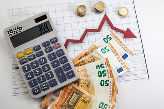 euro coins and banknotes with calculator and statics as background