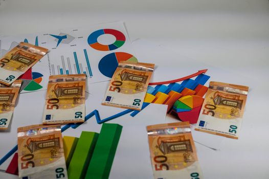50 euro banknotes with statistics on white background