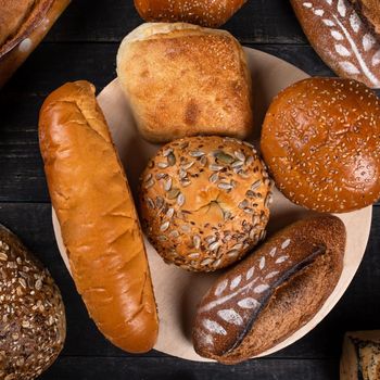 Tasty breads, loaves, top view