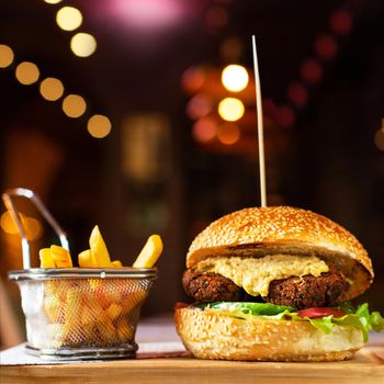 Vegetarian, Veggie burger with french fries