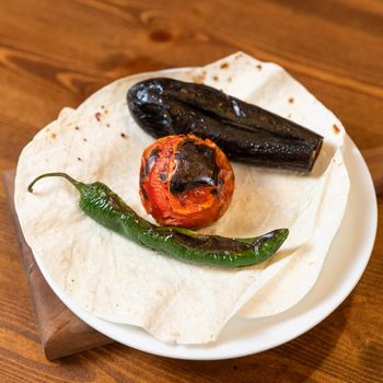 Fried tomato, pepper, eggplant close up