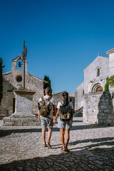 Les Baux de Provence France, old historical village build on a hill in the Provence, Les Baux de Provence village on the rock formation and its castle. France, Europe