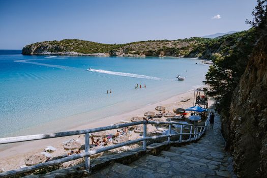 Tropical beach of Voulisma beach, Istron, Crete, Greece ,Most beautiful beaches of Crete island -Istron bay near Agios Nikolaos 