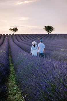 Provence, Lavender field France, Valensole Plateau, colorful field of Lavender Valensole Plateau, Provence, Southern France. Lavender field. Europe. Couple men and woman on vacation at the provence lavender fields,