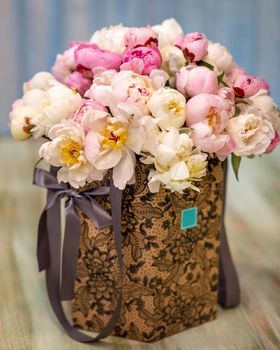 Beautiful white flower bouquet in the box