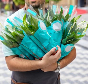 Man holding A lot of Peace lily, Spathiphyllum, Women's happiness