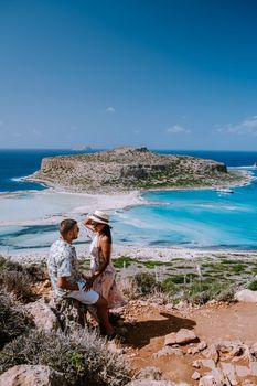 Balos Beach Cret Greece, Balos beach is on of the most beautiful beaches in Greece at the Greek Island couple visit the beach during vacation holiday in Greece