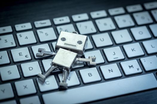Symbol for a chatbot or social bot and algorithms, program code in the background