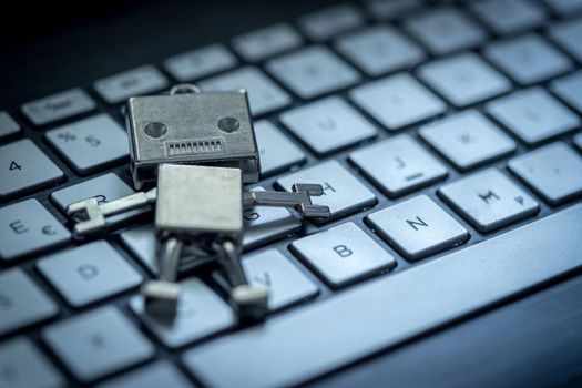 Symbol for a chatbot or social bot and algorithms, program code in the background