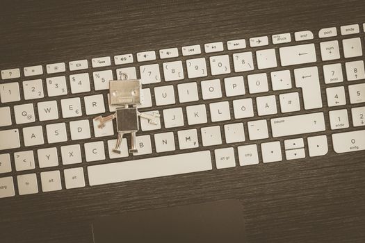 Symbol for a chatbot or social bot and algorithms, program code in the background