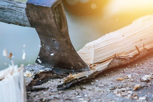 Sharpe axe is cutting wood for making fire, close up picture. Sunlight.
