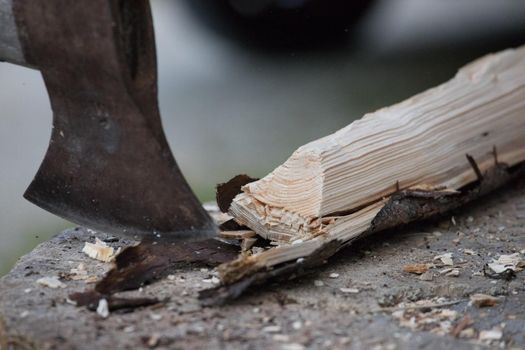 Sharpe axe is cutting wood for making fire, close up picture