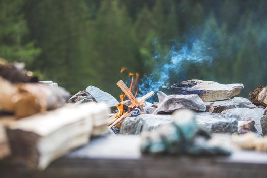 Making fire in the wood, camping outdoors