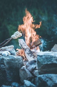 Having a barbecue on the bonfire, outdoors. Baking bread.