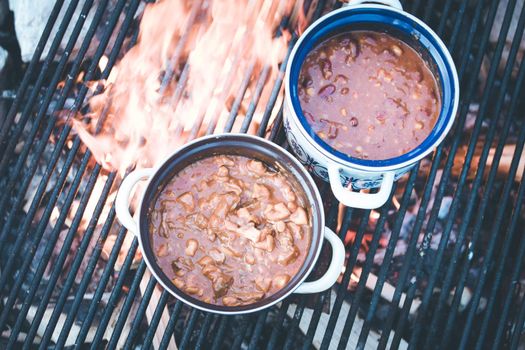 Tasty and spicy stew on bonfire, outdoors on a camping trip