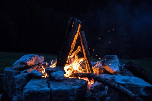 Forest bonfire in the summer, camping time with friends. Copy space.