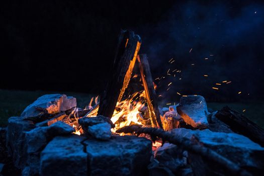 Forest bonfire in the summer, camping time with friends. Copy space.