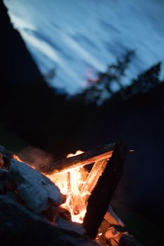 Forest bonfire in the summer, camping time with friends. Copy space.