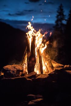 Forest bonfire in the summer, camping time with friends. Copy space.