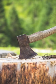 Old axe attached to a tree trunk, alpine hut