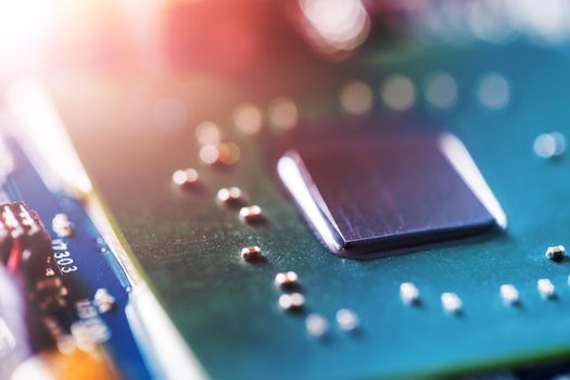 Computer chip on a circuit board, close up; Computer technology.