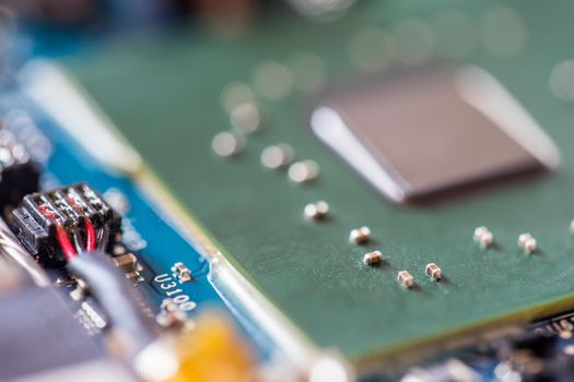 Computer chip on a circuit board, close up; Computer technology.