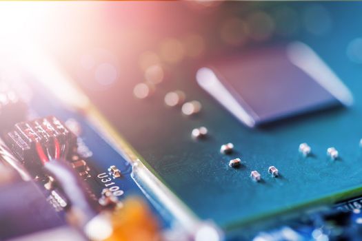 Computer chip on a circuit board, close up; Computer technology.
