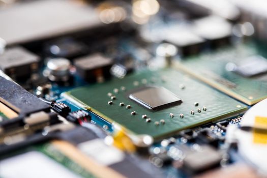 Computer chip on a circuit board, close up; Computer technology.