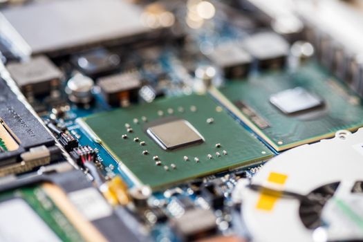 Computer chip on a circuit board, close up; Computer technology.