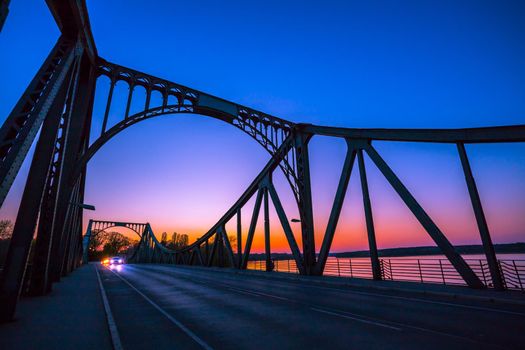 Silhouette of Glienicker Bridge in Berlin, evening scenery