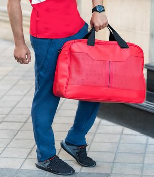 Red luxury sportsman duffel bag close up