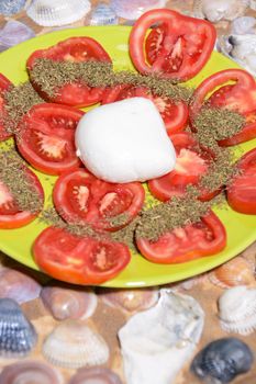 italian healthy food: mozzarella tomatoes bread oil and oregano