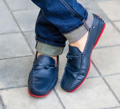 Men's classic blue shoes close up