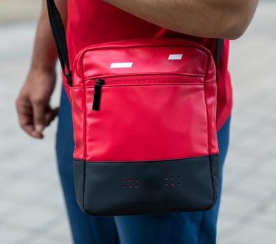 Red luxury sportsman bag close up