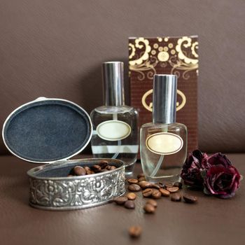 Perfume flacon with box and coffee