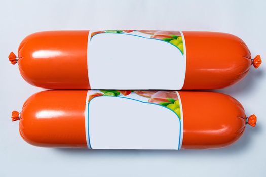Sausage, salami product, ready for sale on the white background