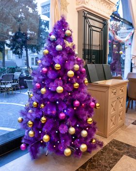 Purple Christmas tree in the restaurant