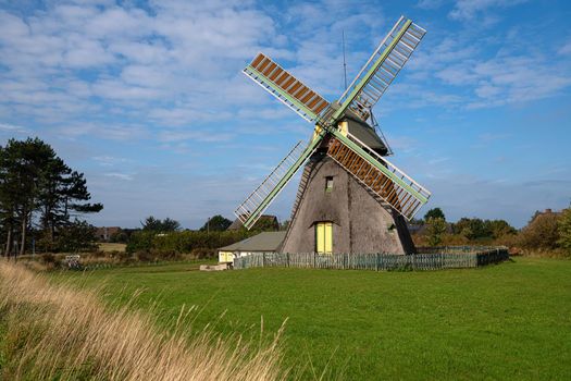Panoramic image of the windmill of Nebel against blue sky, Amrum, Germany