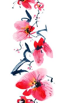 Watercolor and ink illustration of blossom sakura tree with flowers and buds. Oriental traditional painting in style sumi-e, u-sin and gohua. Seamless pattern.