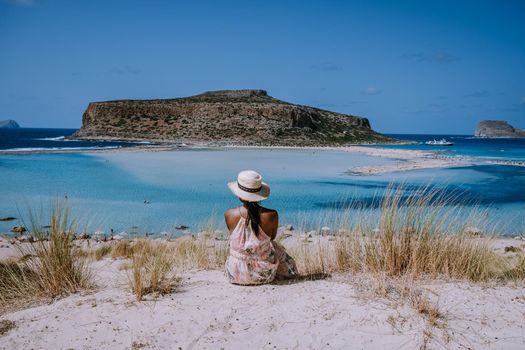 Balos Beach Crete Greece, Balos beach is on of the most beautiful beaches in Greece at the Greek Island, woman in a swimsuit on the beach
