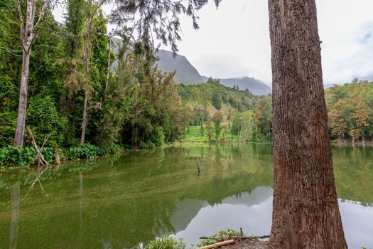 Landscape with idyllic lake, mountain range, green trees in the interior of the island Reunion in the indian ocean 