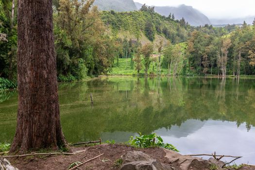 Landscape with idyllic lake, mountain range, green trees in the interior of the island Reunion in the indian ocean 
