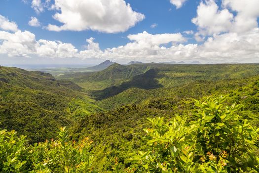 Panoramic overview on the wonderful landscape near Chamarel on Mauritius island, Indian ocean